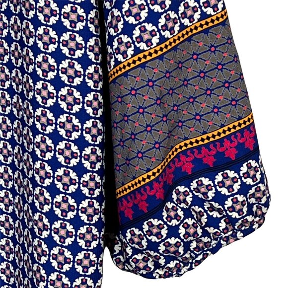 Peach Love California Boho Blue Mini Dress Puff Sleeve Border Print Small - Picture 7 of 12